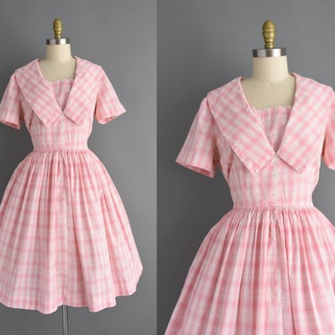 1950s vintage dress | Adorable Pink Plaid Print Shirtwaist Cotton Dress | Large XL | 50s dress 