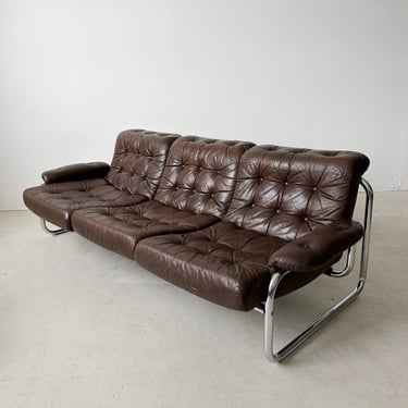 CHROME & BROWN LEATHER BORKUM SOFA BY JOHAN BERTIL HÄGGSTRÖM FOR IKEA, 70's