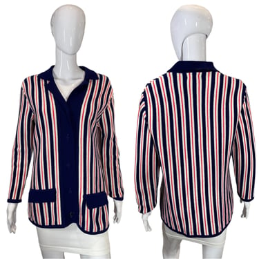 1960's Red, white and Blue Striped Knit Cardigan Size L