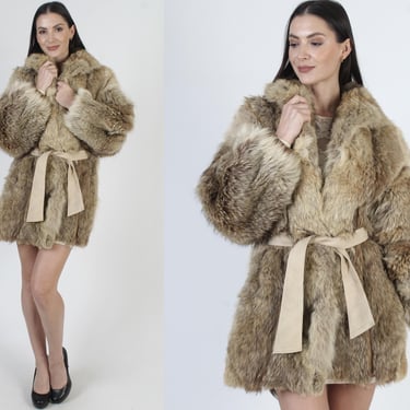 Natural Coyote Fur Jacket, Shaggy Mountain Man Coat, Vintage Belted Real Fox Overcoat 