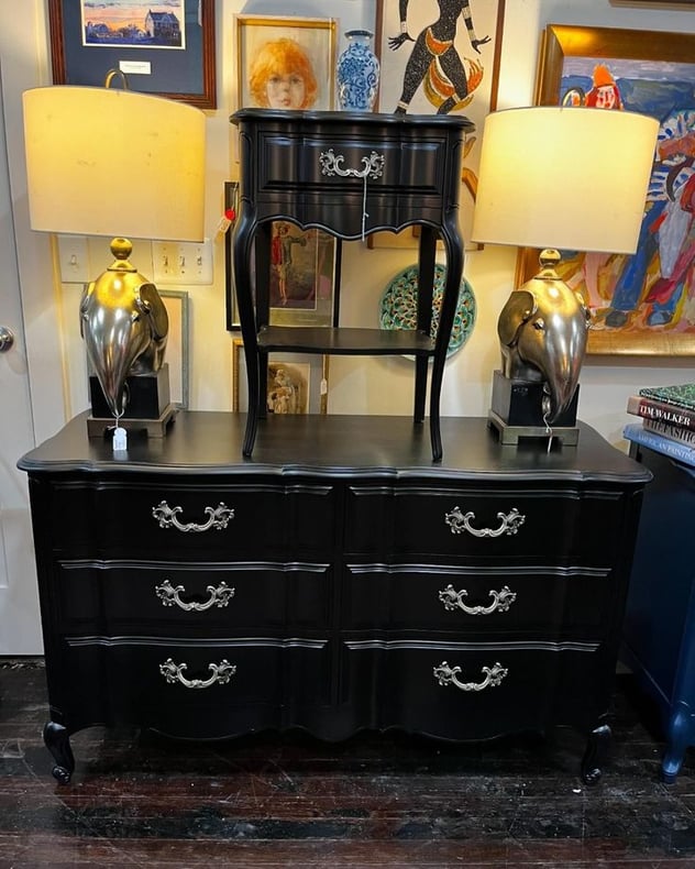 Black painted French provincial 6 drawer dresser, 55.5” x 19” x 33.5”
Matching nightstand, 20” x 15.5” x 28.5” 