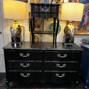 Black painted French provincial 6 drawer dresser, 55.5” x 19” x 33.5”
Matching nightstand, 20” x 15.5” x 28.5” 