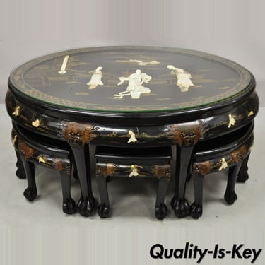 Chinese Black Lacquer Mother of Pearl Oval Nesting Coffee Table Set 6 Stools - B