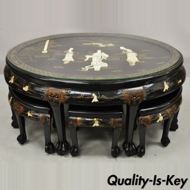 Chinese Black Lacquer Mother of Pearl Oval Nesting Coffee Table