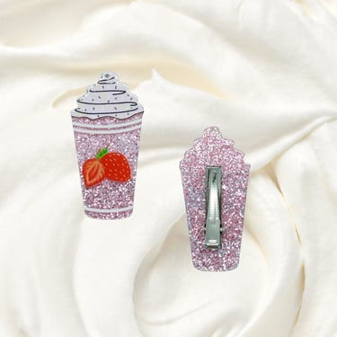 Strawberry Shake Hair Clip - Ice Cream Iced Coffee Latte Frappe Barrette - Acrylic Pink Glitter 