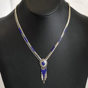 Southwestern 70's liquid silver sodalite 3 strand necklace, 925 sterling floral shield paddle fringe pendant 