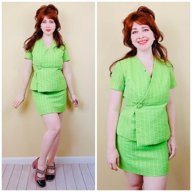 1970s Vintage Lime Green Mod Skirt Set / 70s / Seventies High Waisted Mini Skirt and Wrap Blouse / Small - Medium 