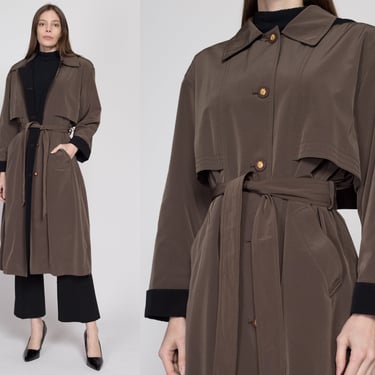 Sm-Med 90s Olive Green Hooded Trench Coat | Vintage Misty Harbor Minimalist Belted Button Up Long Duster Jacket 