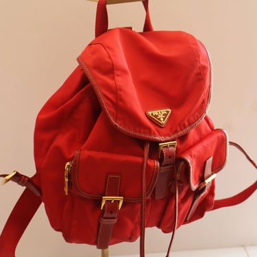 Vintage PRADA Red Double Front Pocket Large Backpack Tessuto in Nylon and Leather Vela Minimal Gold Hardware 