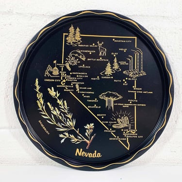 Vintage Metal Nevada Drink Tray Souvenir Mid-Century Barware Gold Black Sagebrush Las Vegas 