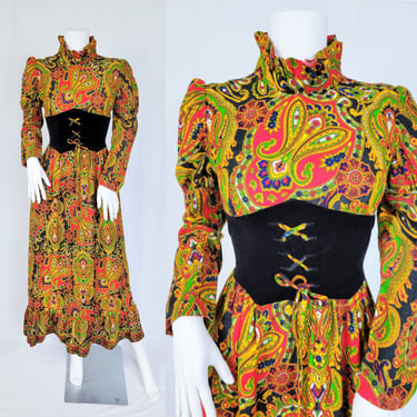 1970's Orange Psychedelic Paisley Print High Neck Victorian Style Maxi Dress I Sz Sm I Corset Waist 
