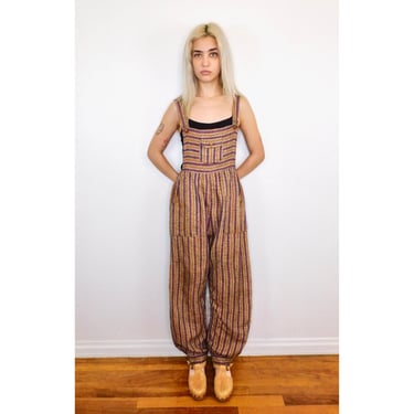Woven Overalls // vintage 80s boho hippie dress woven hippy Guatemalan jumpsuit rainbow 70s // S/M 