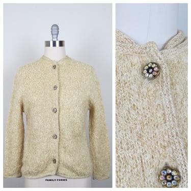 Vintage 1960s cardigan sweater, mohair, boucle knit, rhinestone buttons, mod, mid century, size medium 