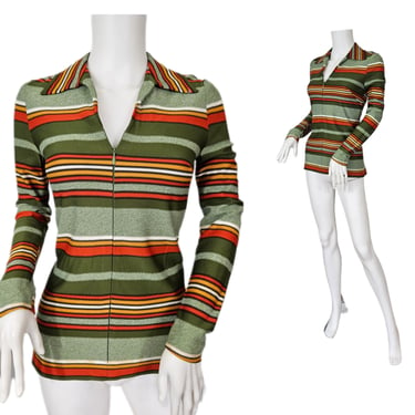 1970's Orange Green Zipper Front Striped Poly Shirt I Top I Sz Sm I Blouse 