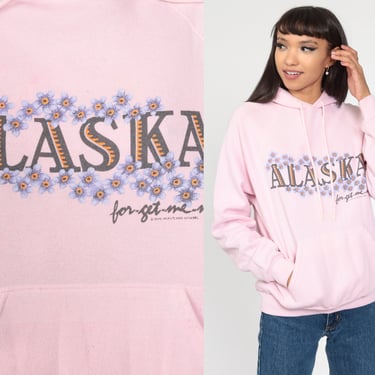 Alaska Hoodie Sweatshirt 90s Pink Floral Forget Me Not Hooded Sweatshirt Hood Graphic 1990s Sweatshirt Vintage 