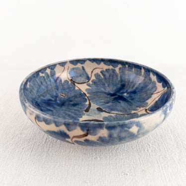 Small Vintage Mexican Glazed Terracotta Bowl with Blue Flowers, Floral Pottery Small Catchall Bowl, Jewelry Dish 
