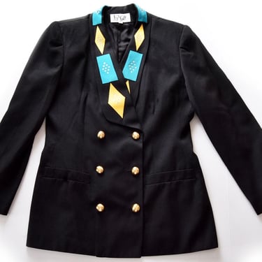 1980's Colorful & Black Blazer Suit Jacket Vintage Double Breasted Med Large 