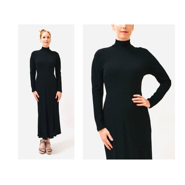 Vintage Black Dress by DKNY Black Wool Jersey Knit Dress Mock Neck Dress// Black Wool Jersey Long Sleeve Dress by Donna Karan New york Small 