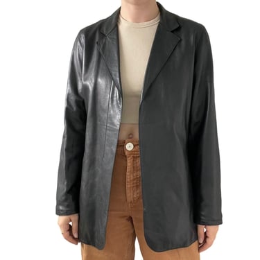 Vintage 90s Womens Saks Fifth Avenue Black Lambskin Leather Blazer Jacket Sz M 