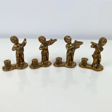 Vintage Brass Candle Holder Angel Musicians, Violin Violinist Flute Banjo Harp Guitar Heavy Mini Brass Sculpture, Mini Candle Holders, Band 