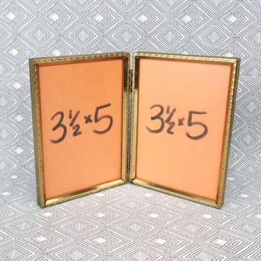 Vintage Hinged Double Picture Frame - Gold Tone Metal w/ Non-Glare Glass - Holds Two 3 1/2" x 5" Photos - 3.5x5 Frames 