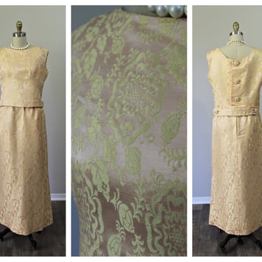 Vintage 1960s 50s Designer Malcolm Starr   Outstanding Silk Damask Brocade Button Back Maxi Dress // US 4 6 small 