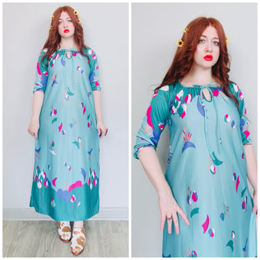 1980s Vintage Turquoise Flower Print Lounge Dress / 80s / Eighties Tie Neck Poly Knit Maxi Gown / Size Medium - Large 
