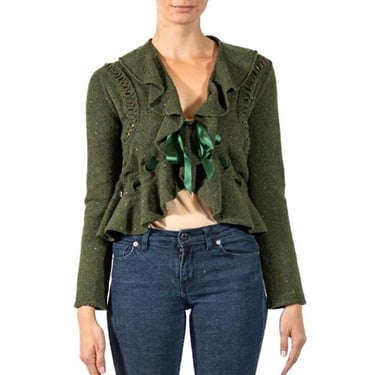 2000S Valentino Olive Green Wool  Cashmere Cardigan With Woven Silk Ribbon 