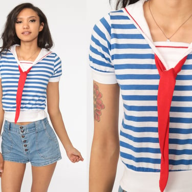 Striped Sailor Shirt Retro Shirt 80s Ascot Top Red White Blue Shirt SAILOR COLLAR Shirt Kawaii Vintage 1980s Short Sleeve Extra Small xs 