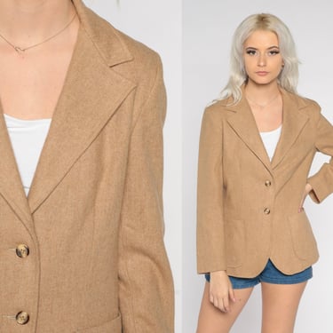 70s Wool Blazer Tan Jacket Retro Button Up Professor Secretary Tailored Preppy Formal Neutral Basic Plain Chic Coat Vintage 1970s Small S 