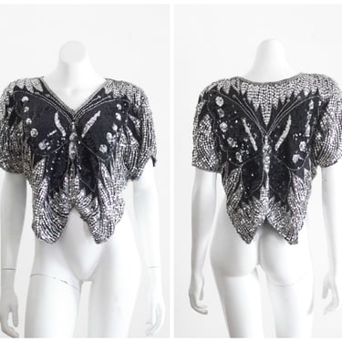 Vintage 1980s Black and Silver Sequins Butterfly Blouse 