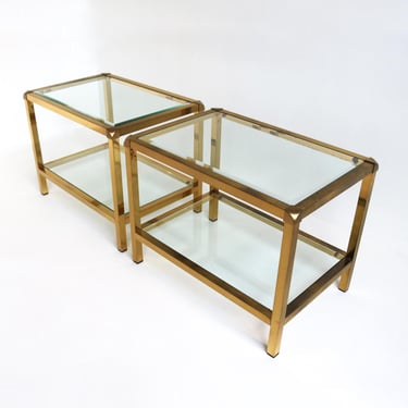 Elegant Pair of Vintage Brass Side Tables with Rounded Corners and Two Glass Tiers – Faceted Edge Tops – Mid-Century Modern Style 
