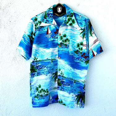 Vintage 70s Hawaiian Shirt Large Collar Bright 1970s Green Aloha Shirt Hawaii Dagger Collared Top 