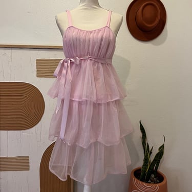 Vintage 1970s Jer Marai Pink Sheer Tiered Ribbon Bow Open Back Mini Dress Slip M 