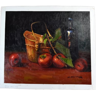 Impressionist Oil Painting Apples with Basket and Wine Bottle Still Life 