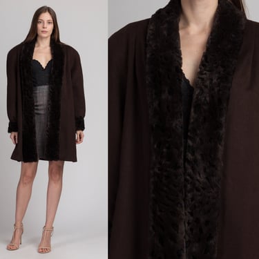 80s Alorna Brown Fur Trim Overcoat - Large | Vintage Superfina Long Wool Open Fit Winter Jacket 