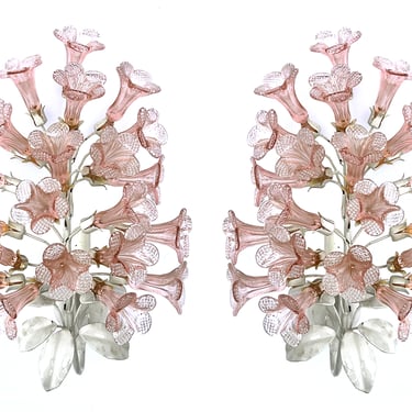 A Pair of Murano Rose-colored Floral Glass Wall Sconces with White Enameled Leaves