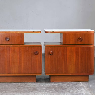 Mid Century bedside tables with white glass tops 