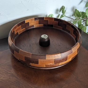 Vintage Wooden Inlay California Redwood Nut Cracker Bowl 