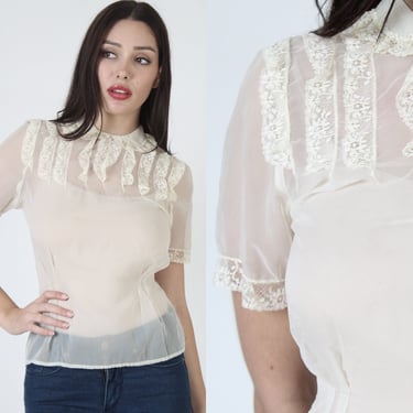 Delicate Lace Victorian Style Blouse, Vintage 70s Roll Collar Antique Top, Plain Bohemian Button Up Antique Shirt 