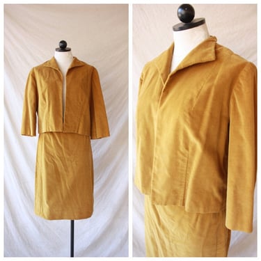60s Mustard Yellow Velvet Skirt Suit with Open Blazer Size M 