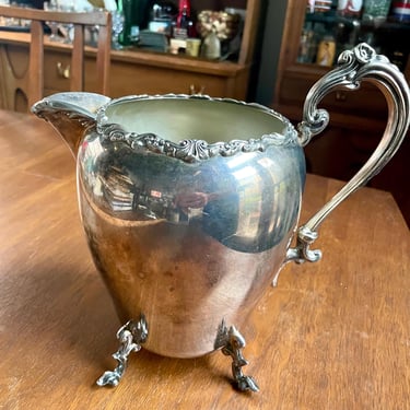 Vintage Sheridan Silver on Copper Footed Water Drink Serving Pitcher Vase with Ice Lip, Ornate Design, Scrolling Feet Handle, Silver Plated 
