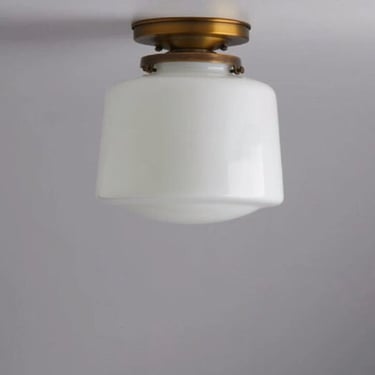 Clearance/ 2nds. Schoolhouse White Drum Flush Mount Light Fixture ** handblown glass, made in the USA ** 