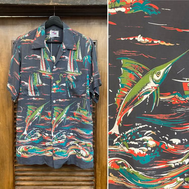 Vintage 1950’s “Duke Kahanamoku” Marlin Border Rayon Nautical Hawaiian Shirt, 50’s   Sailing Print, Vintage Clothing 