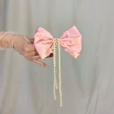 Pink satin bow barrette, pearl bow barrette, pearl bow barrette, French bow barrette, pearl fringe barrette, luxe barrette 