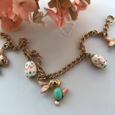 Vintage Easter Bunny And Egg Gold Tone Child's Bracelet, Aqua And Pink, Small Charm Bracelet, Easter Jewelry 