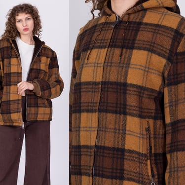 60s 70s Plaid Wool Hooded Coat - Size 38 | Vintage Plush Lined Zip Up Jacket 