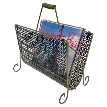 Vintage Magazine Rack Retro 1960s Mid Century Modern + Gold and Black + Metal Frame + Vinyl Record Storage + Organization + MCM Home Decor 