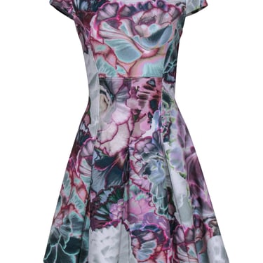 Ted Baker - Green & Purple Floral Print Fit & Flare Dress Sz 8