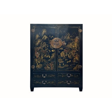 Vintage Chinese Black Golden Scenery Storage Armoire Wardrobe Cabinet ws4312E 